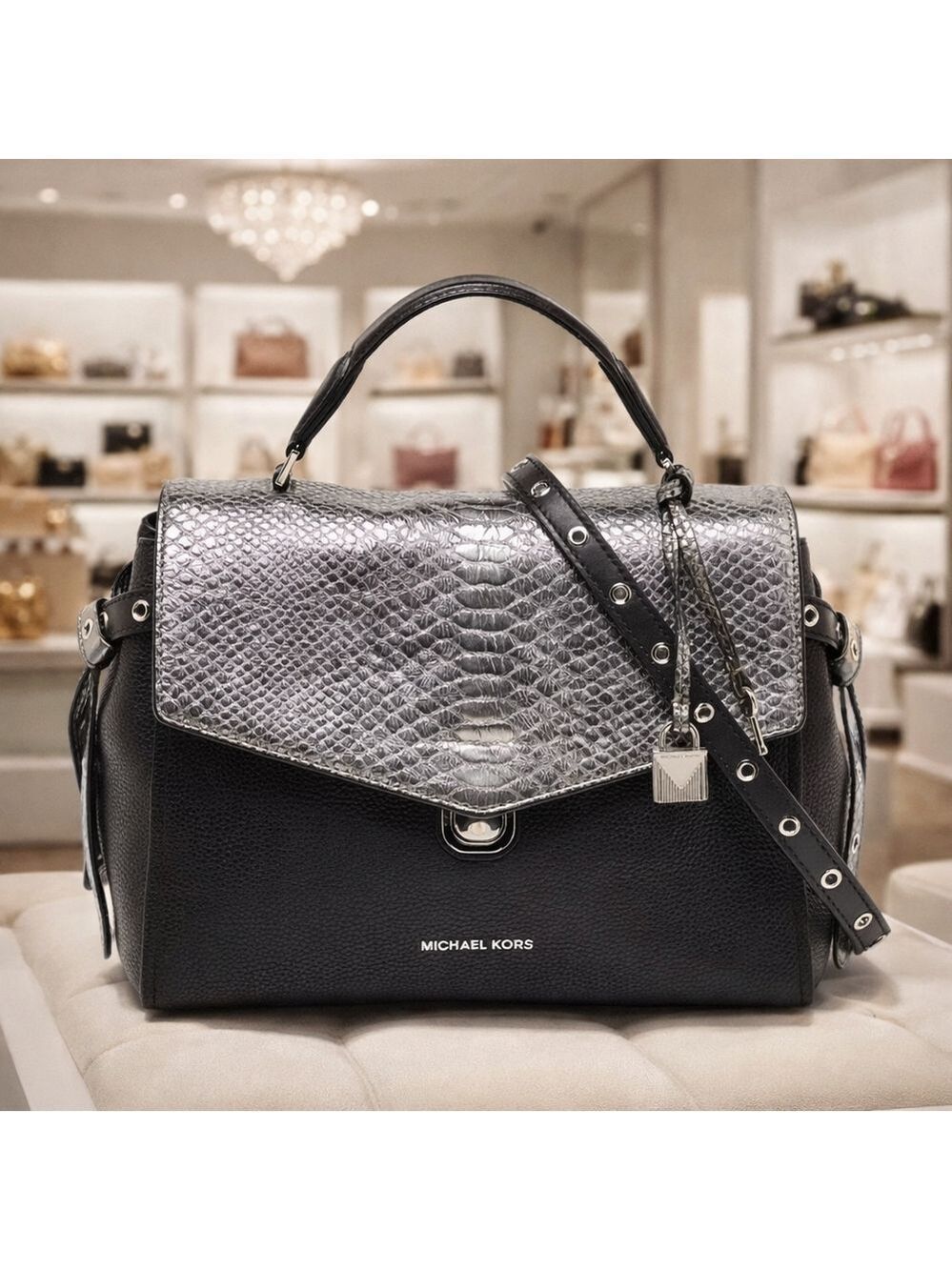 Michael Kors Black Silver Bristol Flap Satchel hand Bag‎ Crossbody Snakeskin